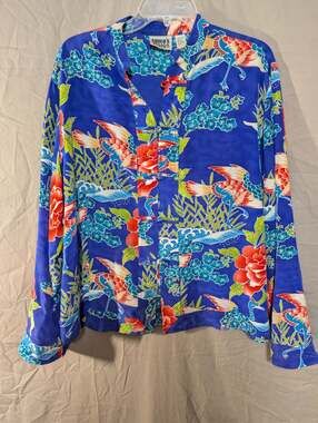 Vintage 80's Chico's Design Blue Sakura Floral Blossom Japan Silk Shirt Medium